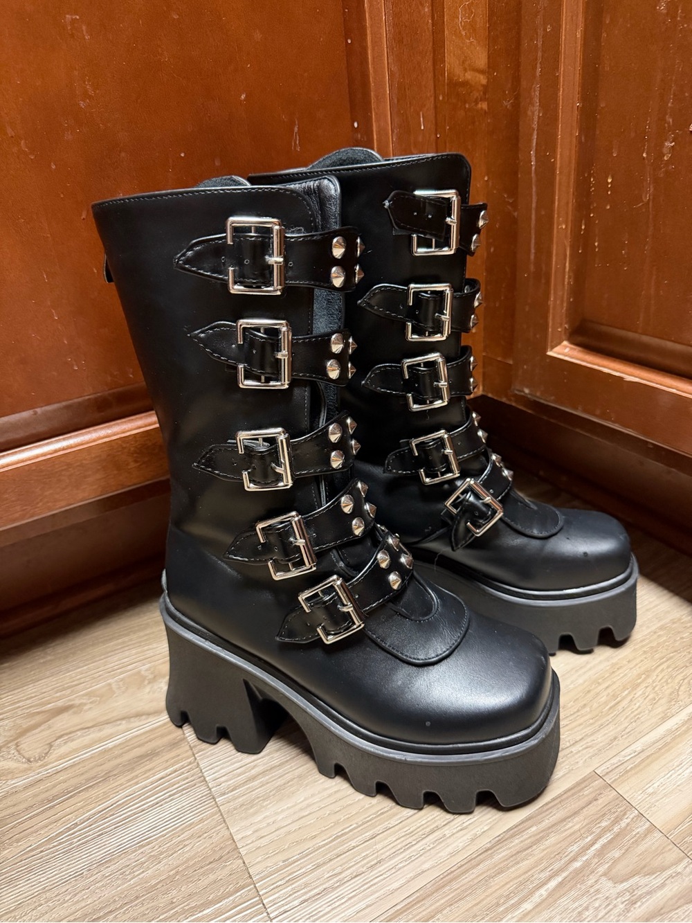 Black Goth Punk Emo Y2K Platform Mid-Calf Buckle Combat Boots
